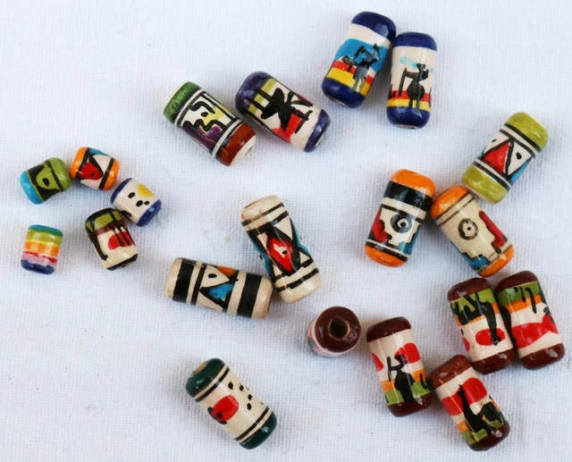 20 Keramik Perlen Peru Inka Mix bunt, 14 mm Perle Olive oval Walze Zylinder