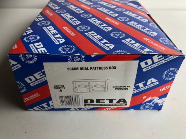 Box of 10 Deta Dual Pattress Boxes 33mm, electrical wholesale, job lot, stock.