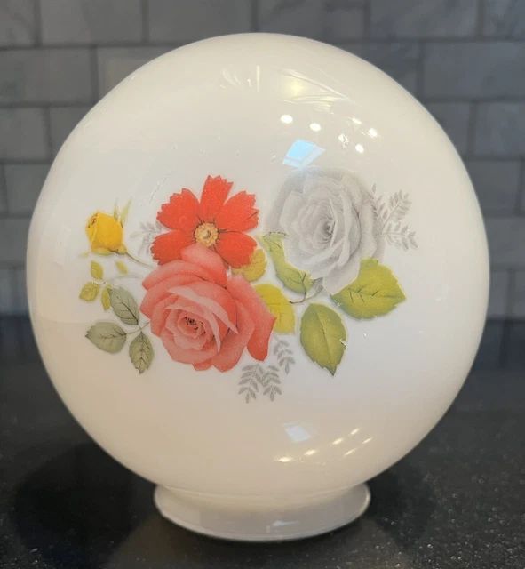 Vintage Floral Milk Glass GWTW Oil Lamp Ball Globe Shade Pink Roses Yellow