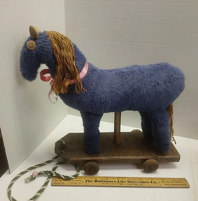 Antique Vintage Horse Pull Toy wood Wheels Handmade Blue w/ leather ears 12"x5"