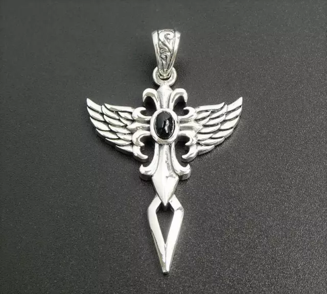 Solid 925 Sterling Silver Ornate Open Wing Spike Cross Pendant Black Onyx Unique