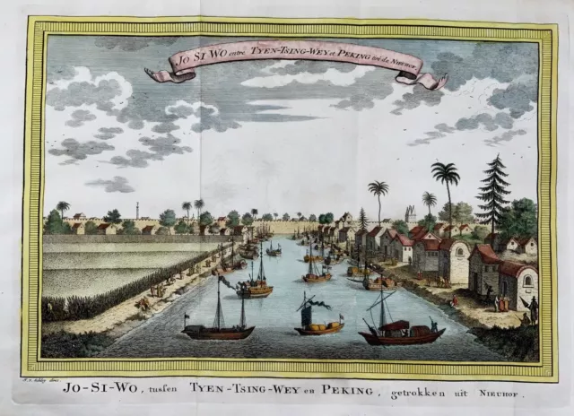 1749 Peking, China, Beijing, J. van Schley, hand colour, panoramic engraving, ma