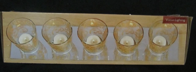 NIB Elements Set of 5 Votive Candle Holders Gold Swirls Mirrored Tray