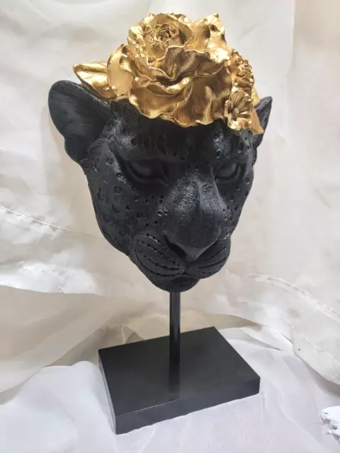 16" Lioness Lion Head Statue Bust on Metal Base Black w/ Gold Crown of Flowers