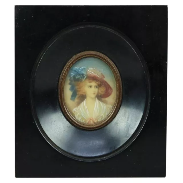 Antique Miniature Portrait Painting on Celluloid of a Young Lady Late 19th C