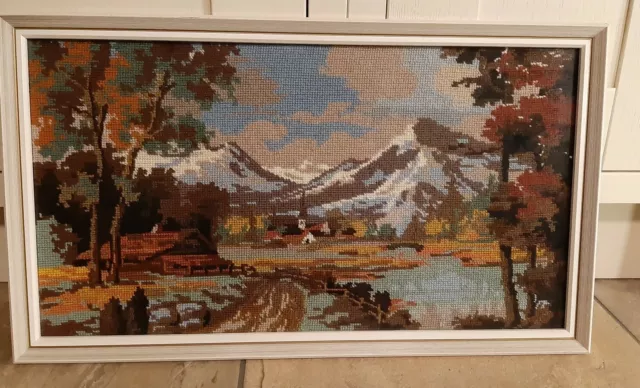 Beautiful Hand Made Tapestry Mountain And Chalet Scene. Framed. 56x32cm