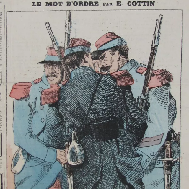 Le mot d'ordre  - Caricature E. Cottin - Gravure de presse 1873 - Soldat  Fusil