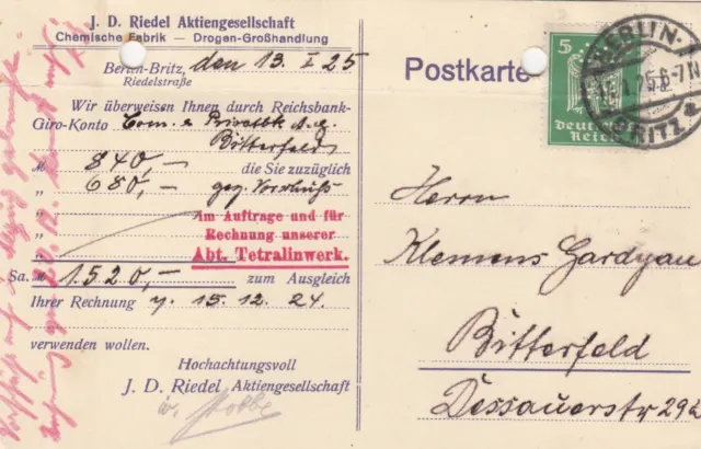 BERLIN-BRITZ, Postkarte 1925, J. D. Riedel AG Chemische Fabrik