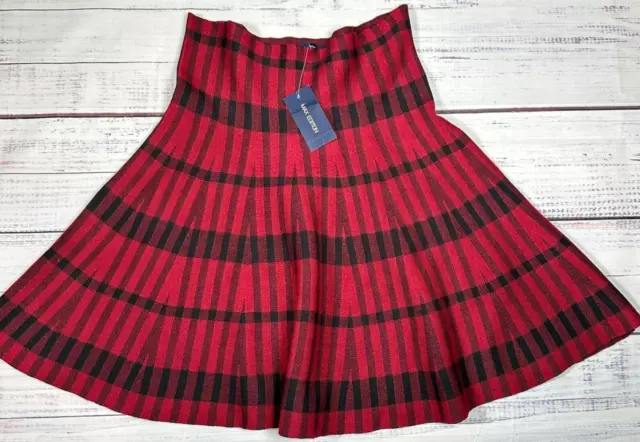 Max Edition Womens Pull On Stretch Knit Flared Skirt Sz M/L Red Black Stripe New
