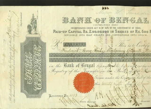 Action Banque  Bank Of Bengal 1876 Inde  Rare
