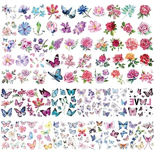 Rosymormor 62 Feuilles Papillon Fleurs Éphemere Tatouages pour Femmes Filles ...