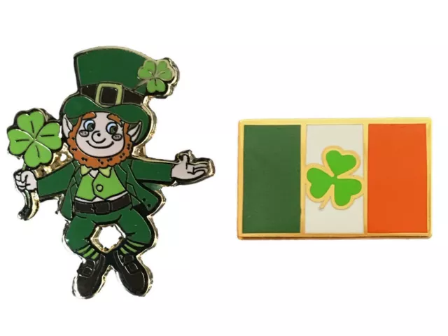 Set Of Two Irish Ireland Shamrock Gold St Patrick`s Enamel Lapel Pin Badges