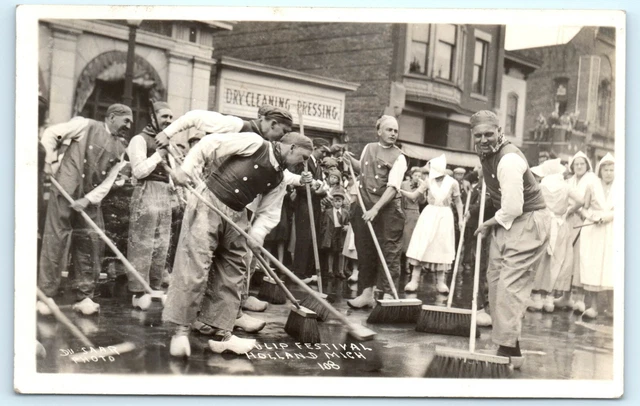 POSTCARD RPPC Tulip Time Holland Michigan Festival Men with Brooms Cigar