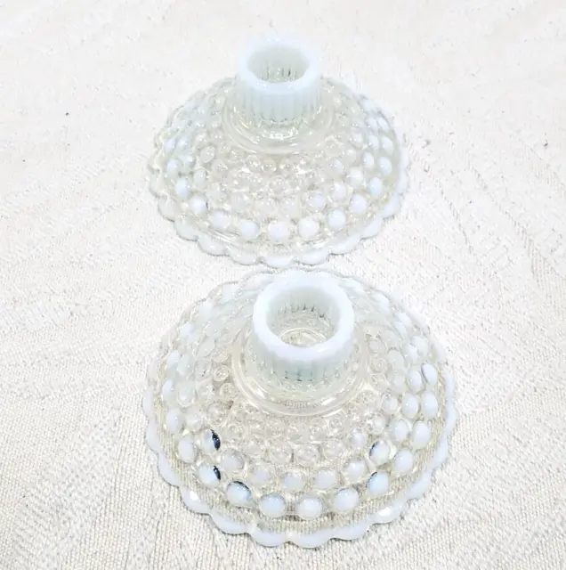 Vintage Pair Of Fenton Opalescent Moonstone Glass Hobnail Taper Candle Holders