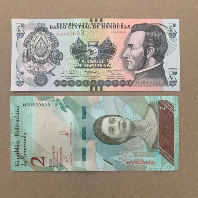 2 Pcs Banknote Lot. Currency Set. Paper Money Ven and Honduras Paper Money