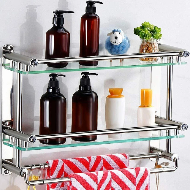 3 Tier Tempered Glass Bathroom Shelf with Towel Bar Wall Mounted Shower Storage