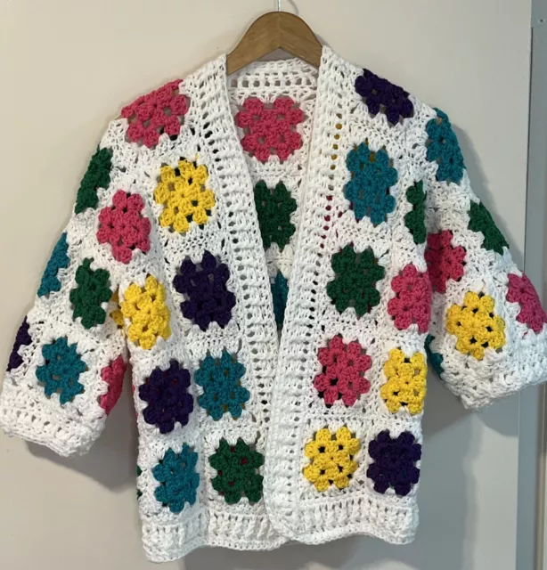 Granny Square Handmade Open Cardigan Sweater Boho Retro Size Medium