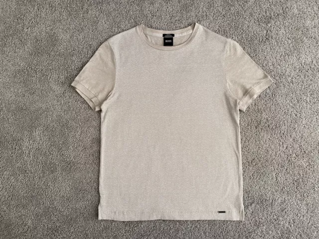 Hugo Boss Mens Textured Cotton Linen Blend T-shirt - Beige Size S - Preowned