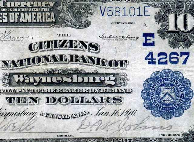 HGR SATURDAY 1902 $10 WAYNESBURG PA ((BEAUTIFUL Artwork)) LIGHTLY CIRCULATED