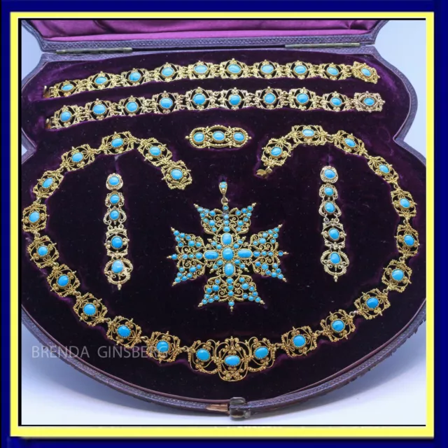 Georgian Set 18k Gold Turquoise Earrings Necklace Bracelets Pendant Brooch (7130
