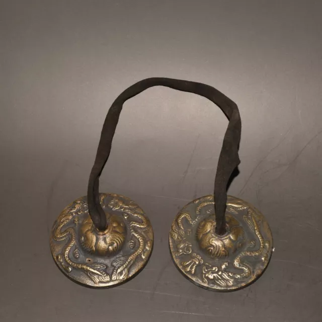 Collection of Pure Copper Carved Double Dragon Bell Striking Divine Dragon