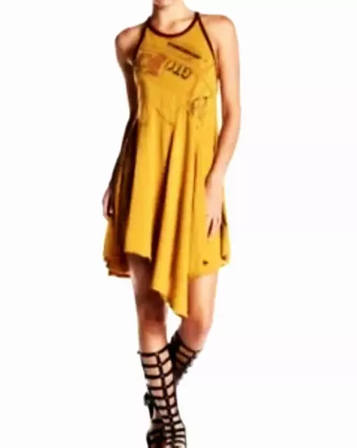 NwT FREE PEOPLE Batter-Up Asymmetrical Strappy Backless Mustard Print Dress XS