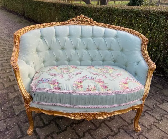 Louis XVI Élégance: Mint Green Damask Corbeille Sofa Settee Couch Loveseat