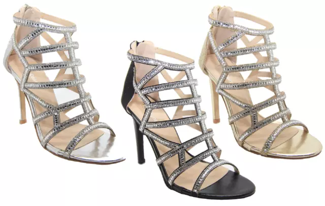Womens Stiletto High Heel Strappy Sandals Ladies Diamante Party Prom Shoes Gold
