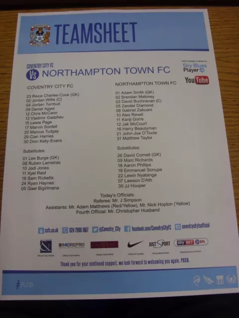 27/08/2016 Colour Teamsheet: Coventry City v Northampton Town. We try and inspec