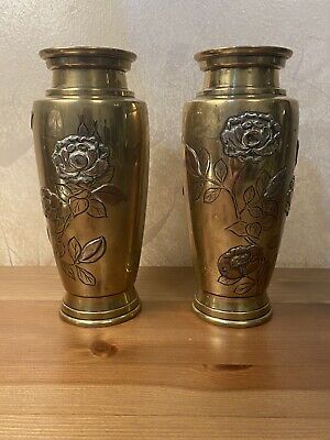 Antique Japanese Mixed Metal Pair Vases Bronze, Copper And Silver Meiji Era