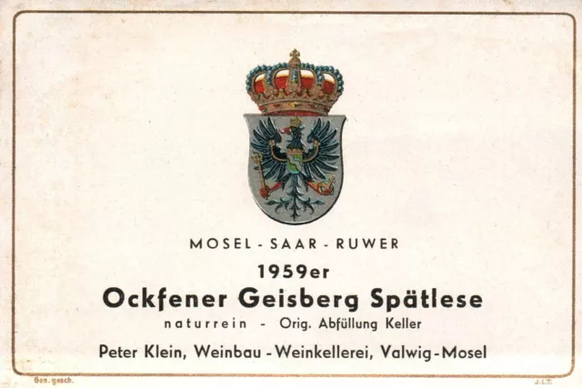 Vintage German Wine Label 1950s Ockfener Geisberg Spatlese  1959er Mosel