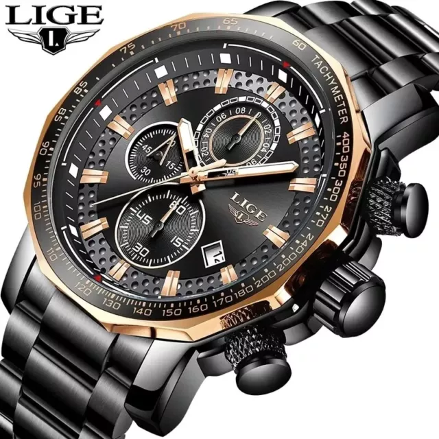 Lige Mens Luxury Stainless Steel Watch Waterproof 30M Chronograph Quartz Movemen