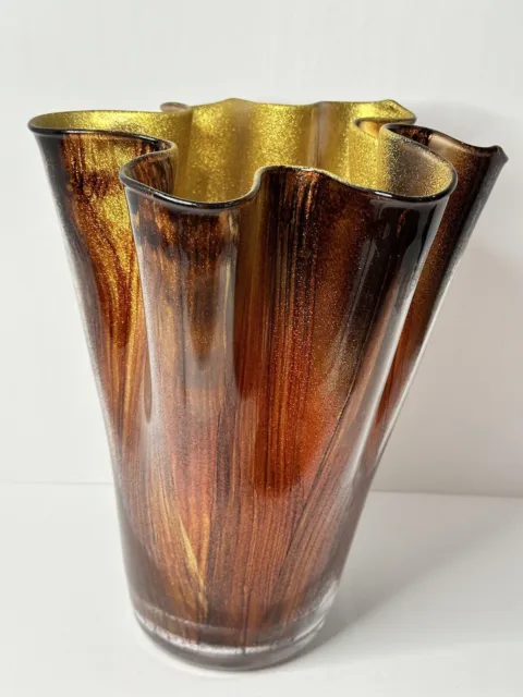 Vintage Italian Murano glass ruffled handkerchief vase Italy 12” blown glass