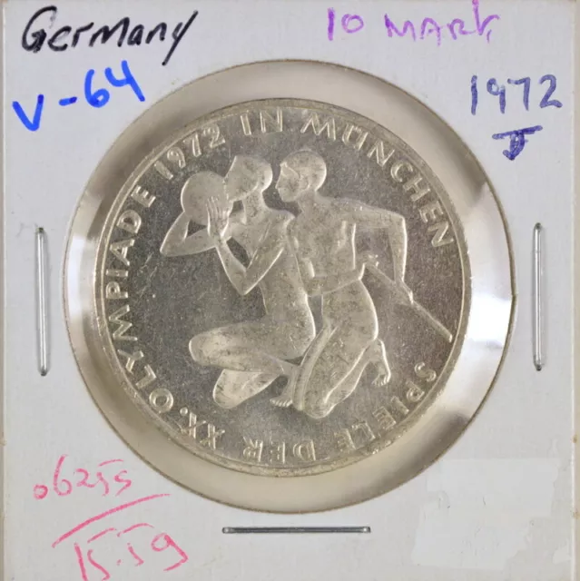 1972 Germany 10 Mark  "Authentic Silver"  Munich Olympics (V64)