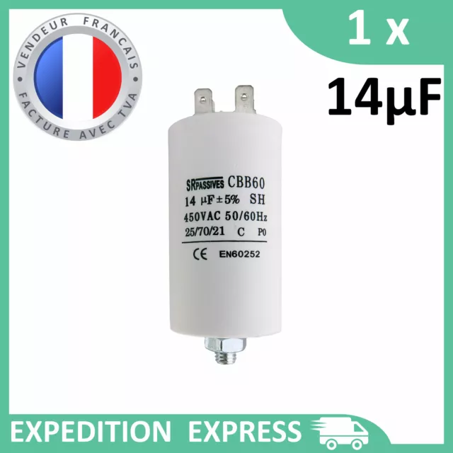 Condensateur moteur 14µF 14uF 450V à cosses + vis CBB60 démarrage/permanent