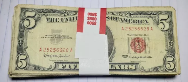1953/63 Five Dollar RED Seal Note United States Note Lot of 100 ($500) AVG CIRC