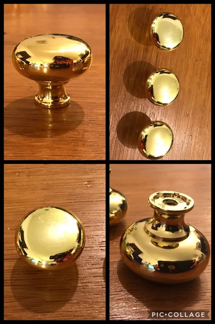 3 Knobs Large Brass Round Flat Top Pull Deco Cabinet Drawer Mid Century Vintage