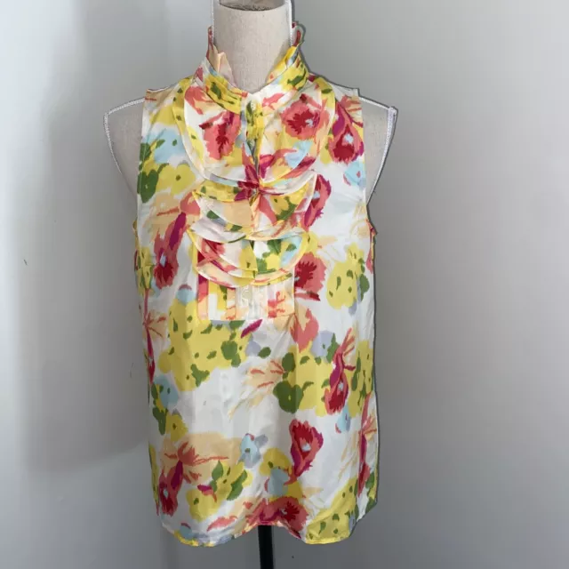 J Crew Silk Floral Print Ruffle Pleated Front Sleeveless Top yellow pink size 6