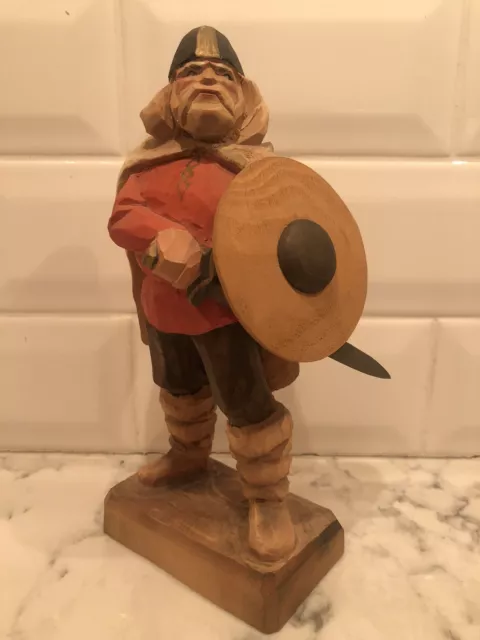 Henning Norway Handcarved Wood Viking Standing With Sword And Shield 8 Inches