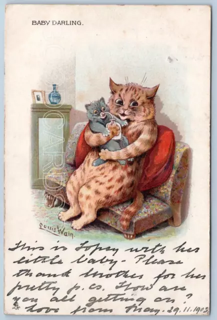 Louis Wain BABY DARLING  Anthropomorphic Comic Humor 1903 Tuck Postcard