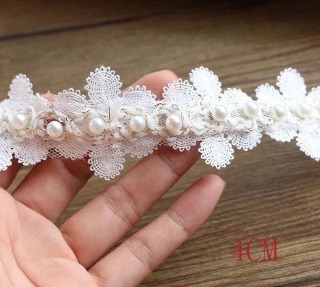 Pearl Imitation Flower Lace Ribbon Beaded Embroidered Trim Clothing Decor 1Yard