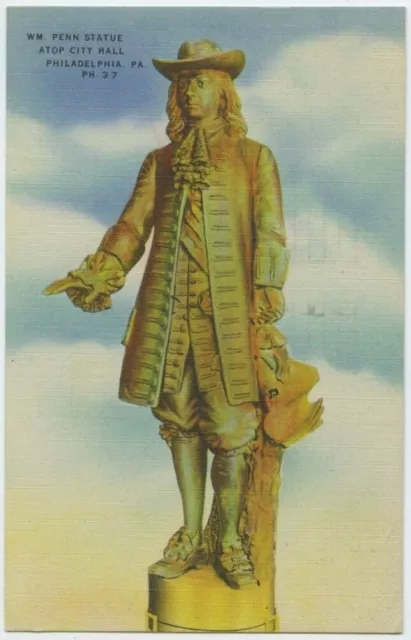 Philadelphia Pa William Penn Statue Reflecting Sunlight 1947 Vintage Postcard