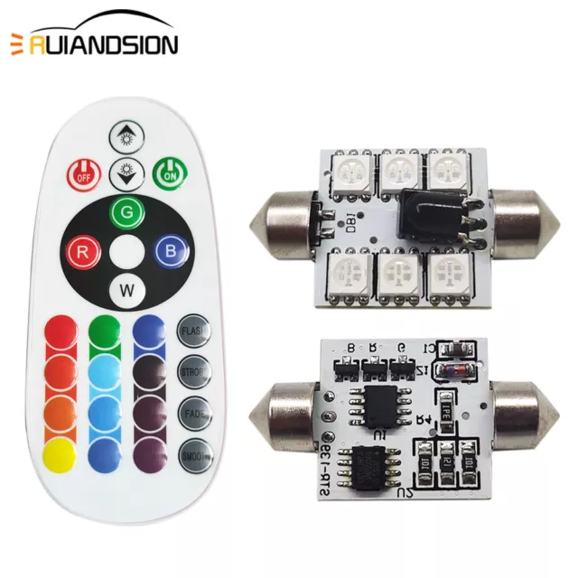 2pcs DC 12V Festoon 39mm Remote Control RGB LED Interior Dome Reading Light Bulb