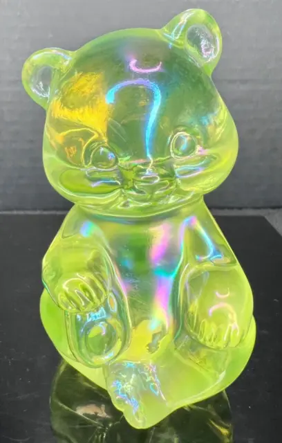 Fenton Topaz Vaseline Iridized Sitting Bear - 5151 TI (Glows)