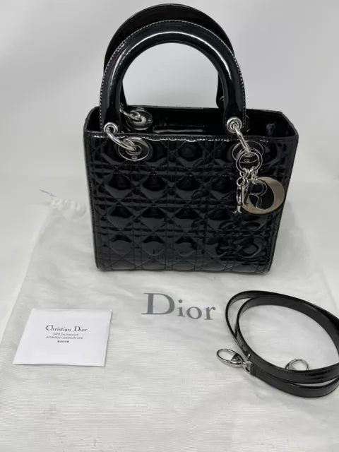 Christian Dior Patent Leather Lady Dior Medium Tote Black