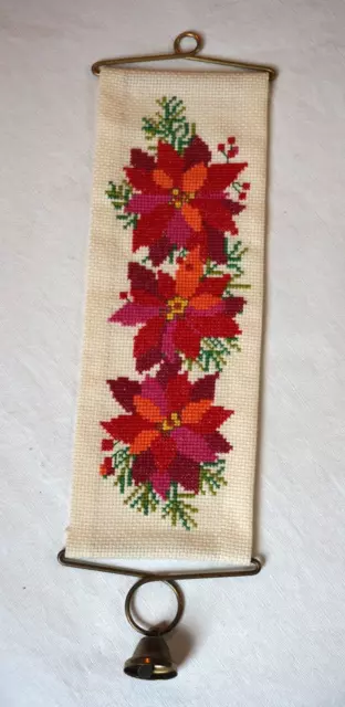 Cross Stitch Bell Pull Pointsettia w Bell Christmas Decor Completed