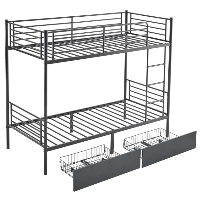 HEAVY DUTY TWIN Bunk Bed Metal Frame w/ Ladder & FullLength Guard Rail