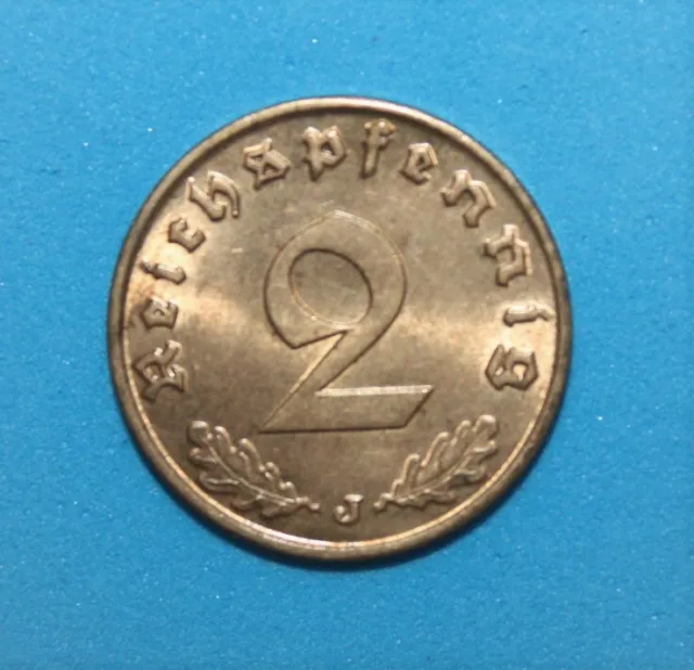 A6 - Germany 2 Pfennig 1938-J Brilliant Uncirculated Copper Coin *** Beautiful