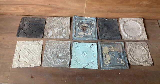 10 sq ft Antique Tin Ceiling Pieces Shabby Tile Chic Vtg Arts Crafts 84-23A