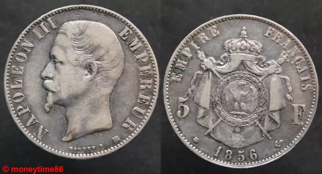 France ! Ecu d'argent de 5 francs Napoléon III tête nue 1856 BB, en TB